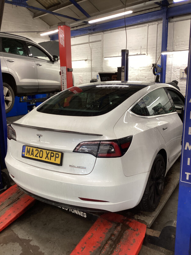 Tesla Model 3 undergoing diagnostic inspection at Lindleys Autocentres