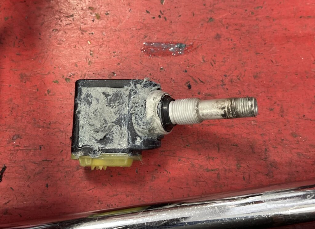 Corroded failed TPMS sensor removed from a customer wheel at Lindleys Autocentres