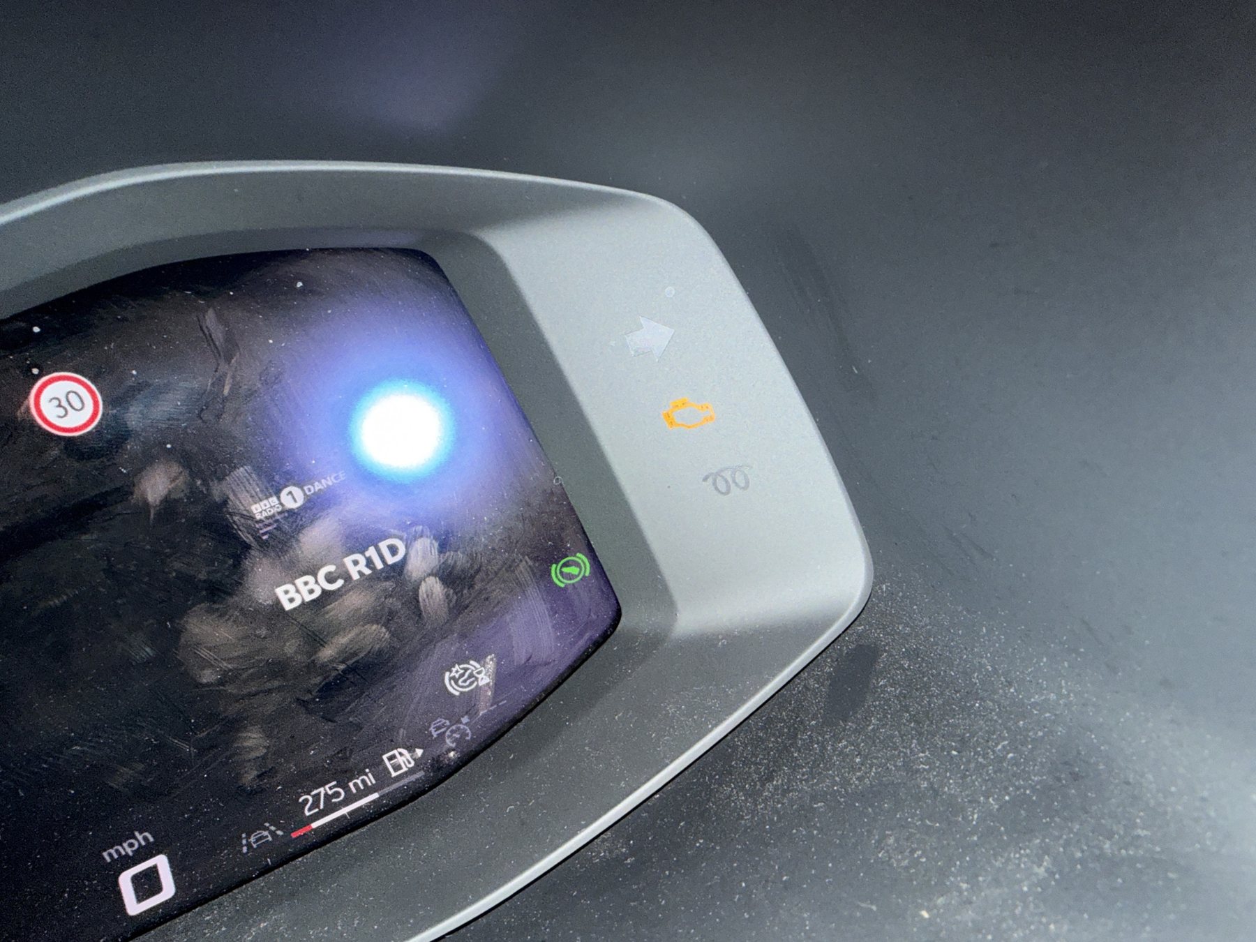 Amber engine management light lit on a modern digital instrument cluster