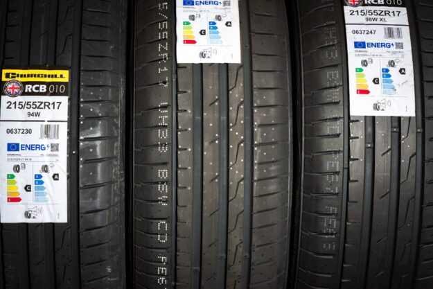 Churchill RCB010 tyres in stock at Lindleys with their EU tyre labels showing wet grip A