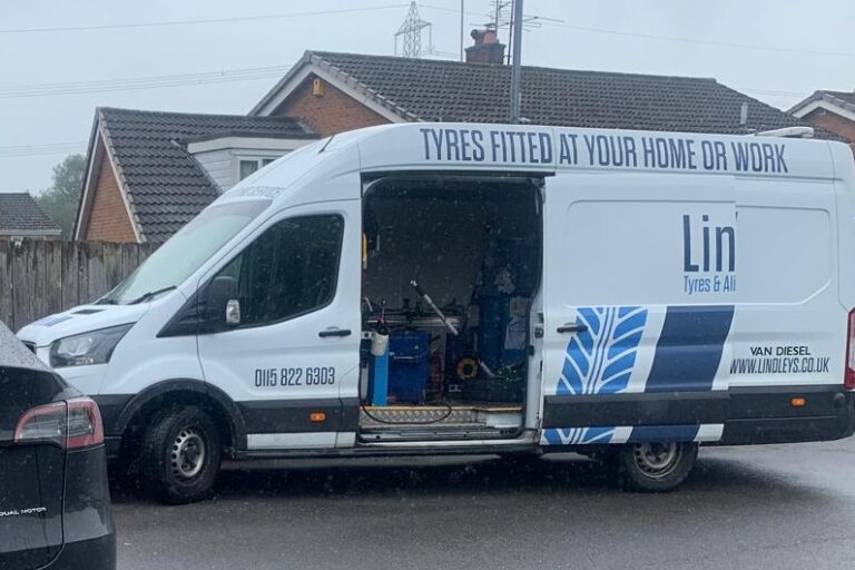 Lindleys mobile tyre fitting van with tyres fitted at your home or work signage