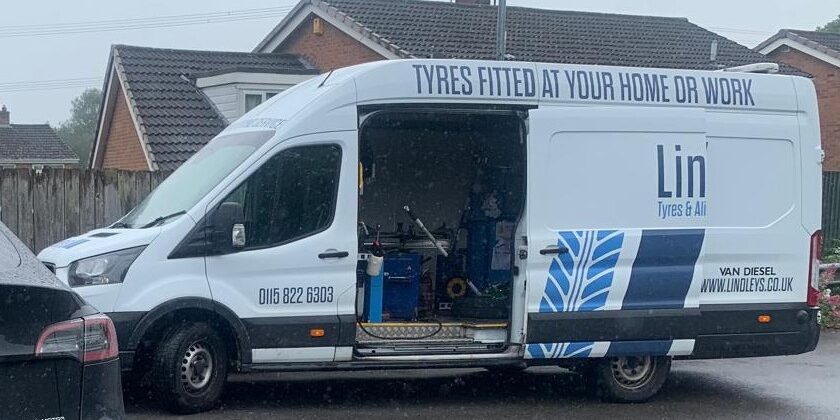 lindleys-mobile-tyre-fitting-van-tyres Lindleys mobile tyre fitting van with tyres fitted at your home or work signage
