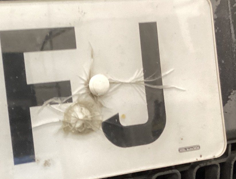 Front number plate cracked around its fixing with a stone chip beside it